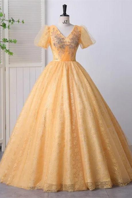 Elegant Gold Lace Embroidered Ball Gown Dress