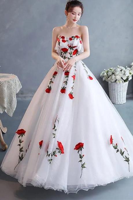 Elegant Strapless Floral Embroidered White Wedding Gown