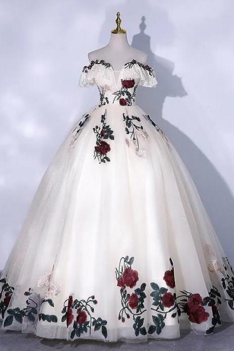 Elegant Off-shoulder Floral Embroidered Bridal Ball Gown