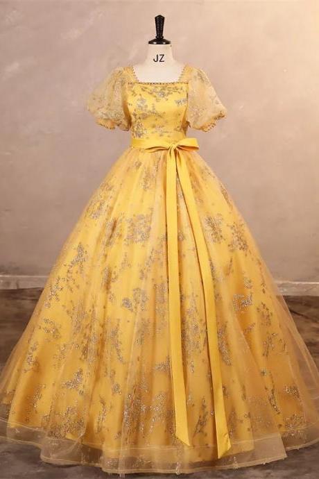 Elegant Yellow Floral Embroidered Ball Gown Dress
