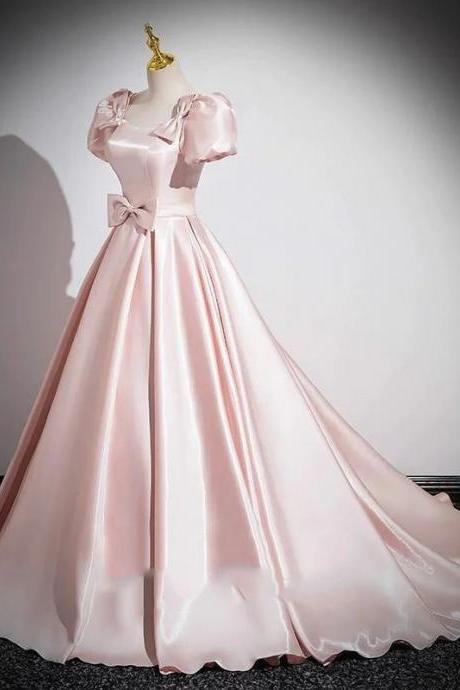 Elegant Satin Blush Pink Evening Gown With Bow