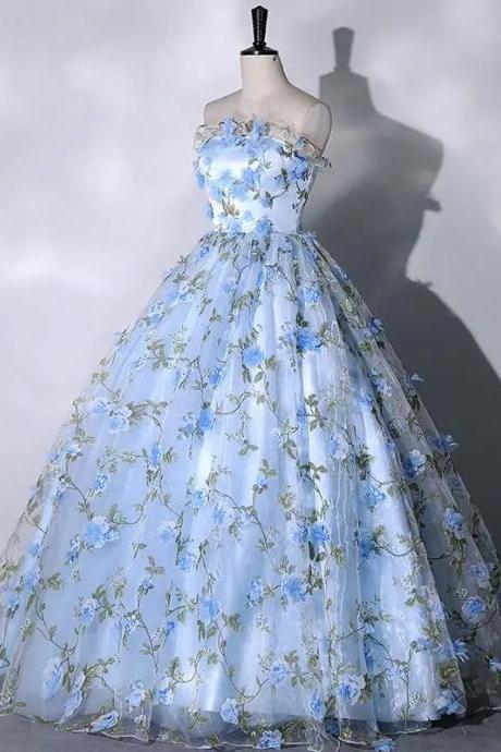 Elegant Blue Floral Embroidered Ball Gown Dress