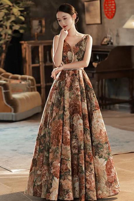 Elegant Floral Print Sleeveless Maxi Evening Gown