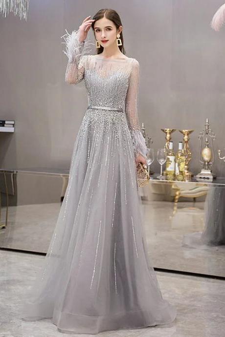 Elegant Long Sleeve Beaded Tulle Evening Gown Dress