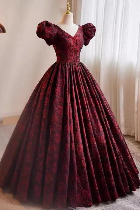 Elegant Burgundy Floral Embroidered Ball Gown Dress