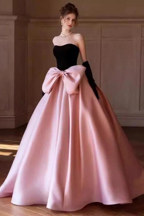 Elegant Strapless Black And Pink Bow Ball Gown