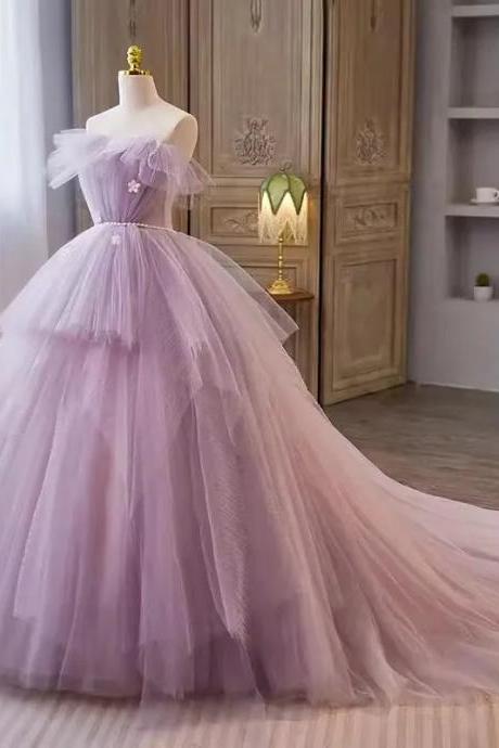 Luxurious Lavender Tulle Bridal Gown With Long Train