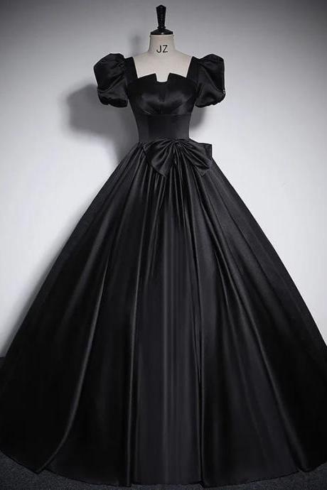 Elegant Black Satin Evening Gown With Puff Sleeves