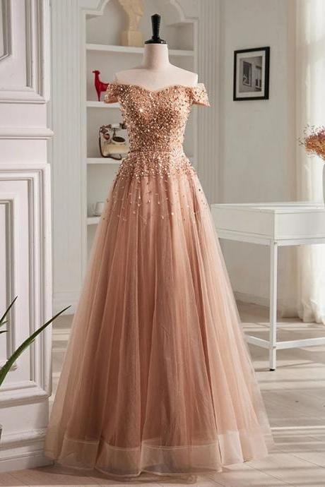 Elegant Off-shoulder Sequined Tulle Evening Gown Dress