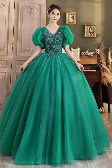 Elegant Emerald Green Tulle Evening Gown With Sleeves