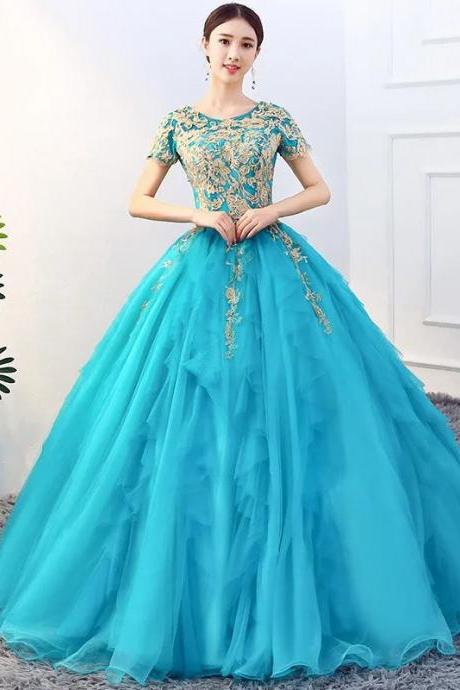 Elegant Embroidered Blue Tulle Ball Gown Evening Dress