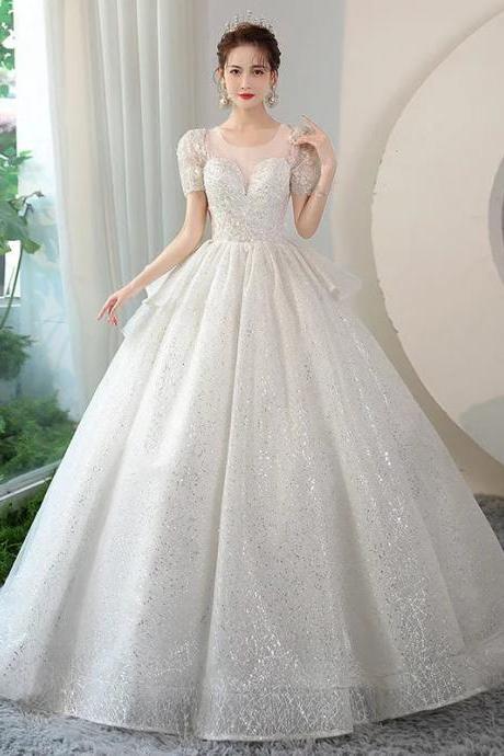 Elegant Cap Sleeve Glitter Bridal Ball Gown Dress