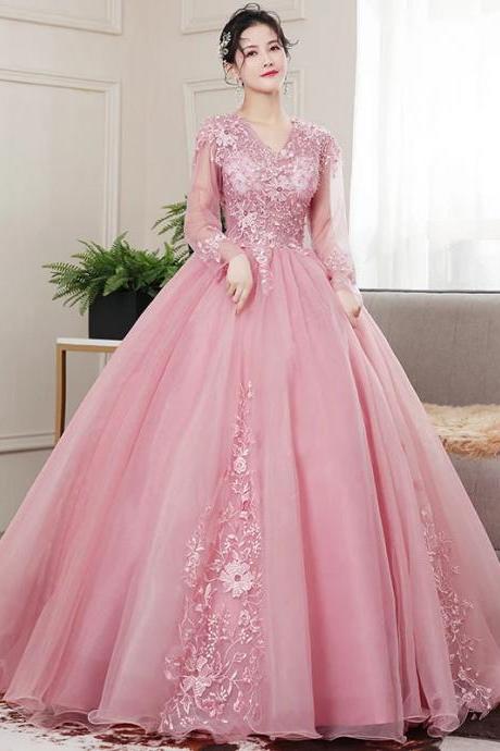Elegant Long-sleeve Pink Lace Applique Ball Gown