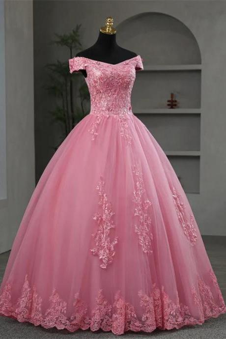 Elegant Off-shoulder Pink Ball Gown With Lace Applique