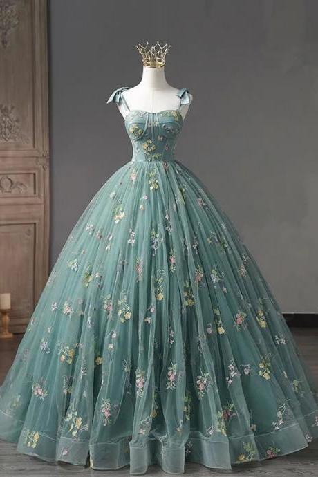 Elegant Embroidered Floral Tulle Ball Gown Evening Dress