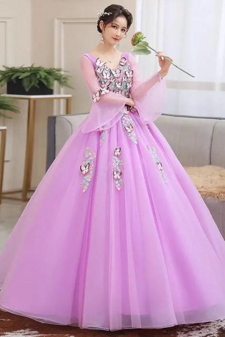 Elegant Floral Embroidered Long Sleeve Ball Gown Dress