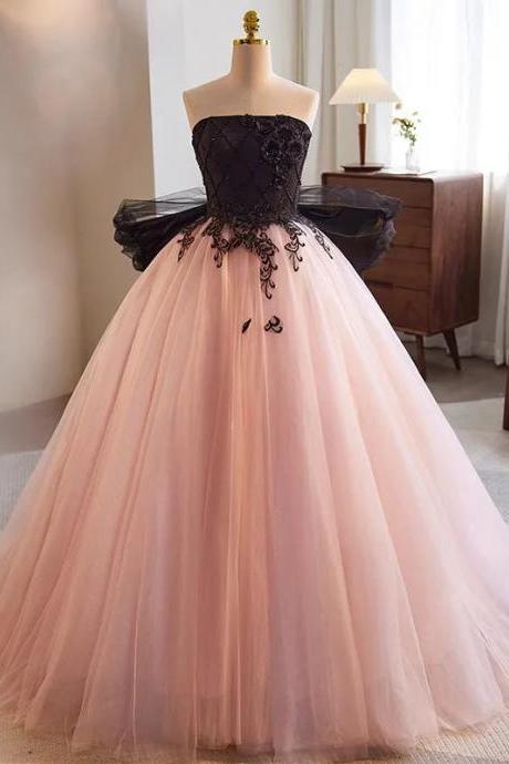 Elegant Black Lace Top Blush Tulle Ball Gown