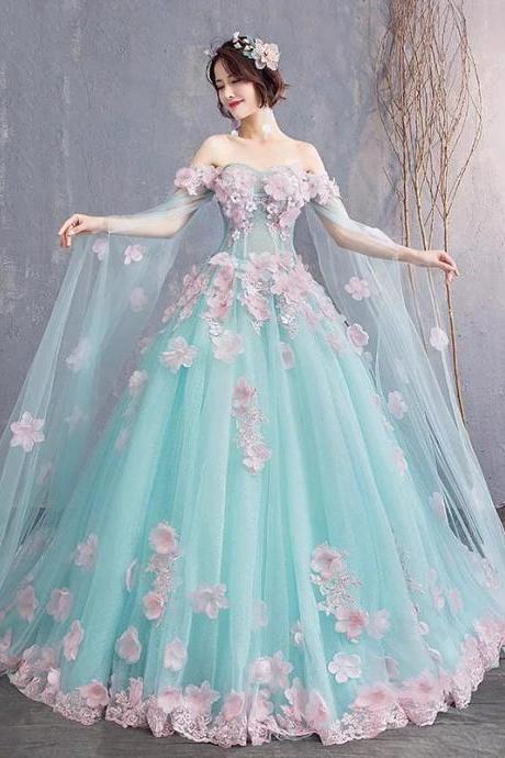 Elegant Off-shoulder Tulle Ball Gown With Floral Appliques