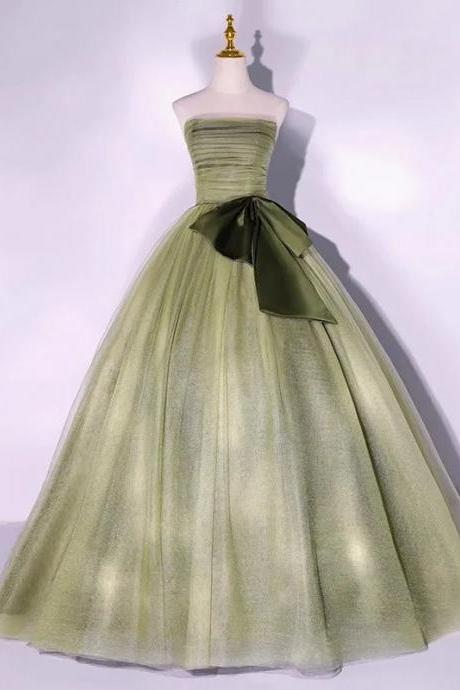 Elegant Olive Green Strapless Evening Gown With Bow