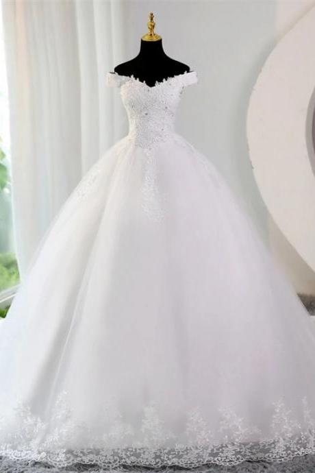 Elegant Lace Applique Off-shoulder Bridal Wedding Gown