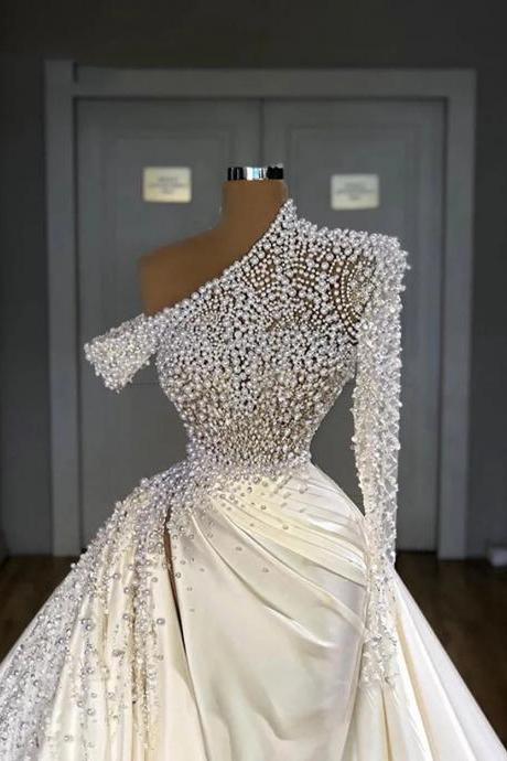 Luxury Crystal Embellished Bridal Gown With Long Sleeves