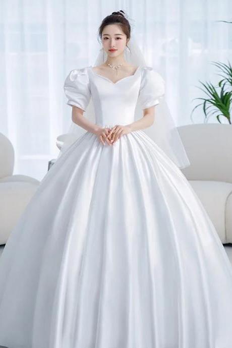 Elegant Satin Puff Sleeve Bridal Gown With Train