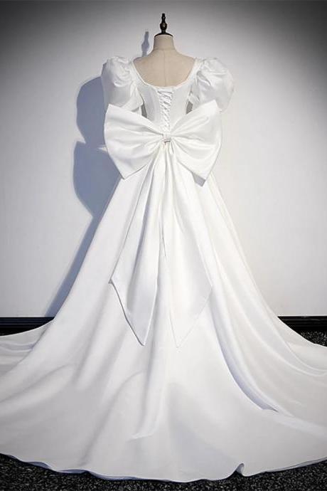 Elegant Satin Bridal Gown With Puff Sleeves And Bow