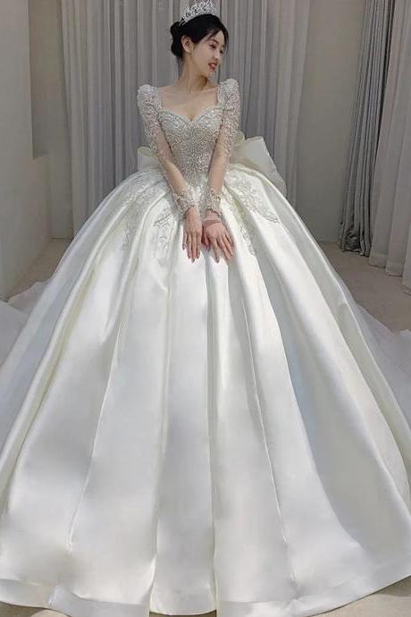 Elegant Off-shoulder Beaded Satin Bridal Gown With Train