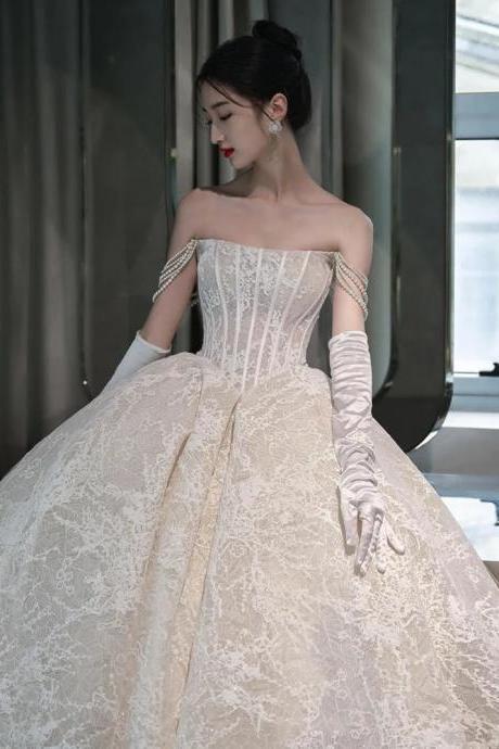 Elegant Off-shoulder Lace Bridal Ball Gown With Gloves