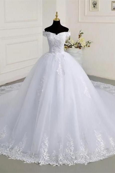 Elegant Off-shoulder Lace Bridal Gown With Train