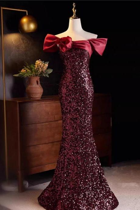 Elegant Burgundy Sequin Mermaid Gown With Bow