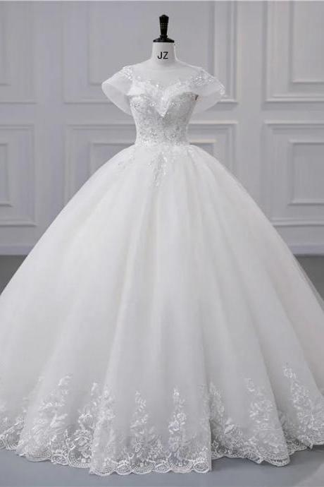 Elegant Cap Sleeve Beaded Lace Bridal Ball Gown
