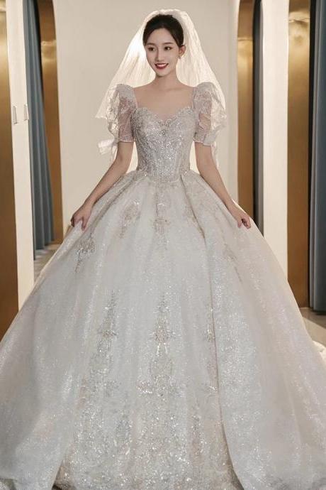 Elegant Sparkling Off-shoulder Bridal Gown With Veil