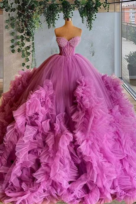 Luxurious Pink Tulle Princess Ball Gown With Train