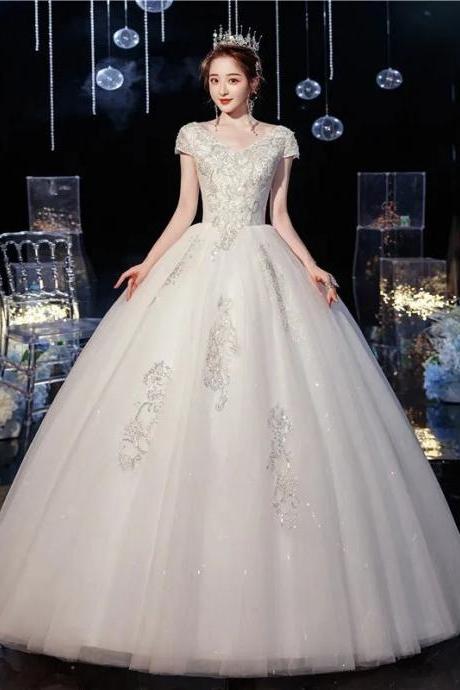 Elegant Cap Sleeve Beaded Bodice Bridal Ball Gown