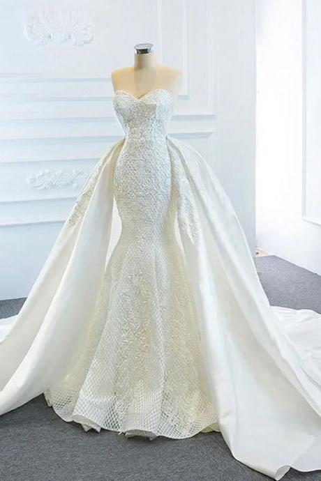Elegant Strapless Lace Bridal Gown With Detachable Train