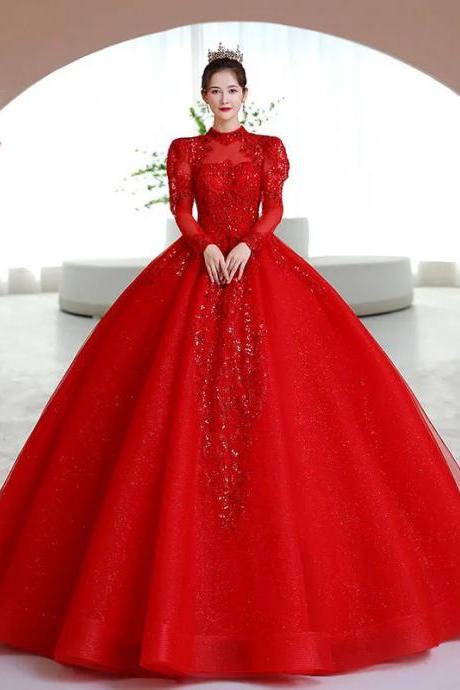 Elegant Red Long-sleeve Sequined Ball Gown Dress