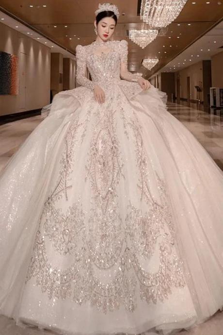 Luxury Beaded Long Sleeve Ball Gown Wedding Dress