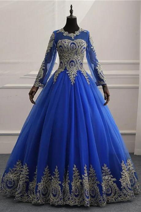 Elegant Royal Blue Ball Gown With Golden Embroidery