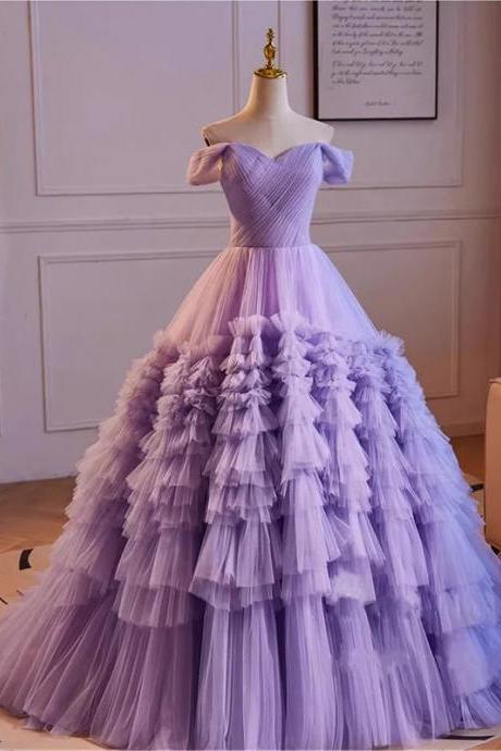 Elegant Off-Shoulder Tulle Ball Gown with Ruffled Layers