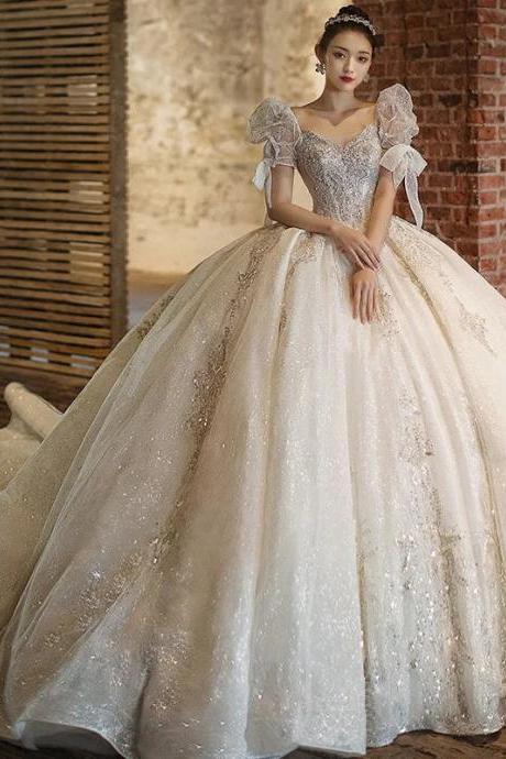 Luxury Off-shoulder Sparkling Beaded Bridal Ball Gown