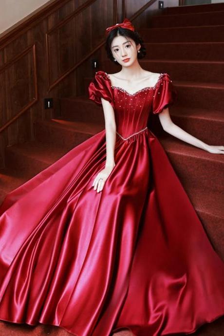 Elegant Satin Puff Sleeve Red Evening Gown For Women