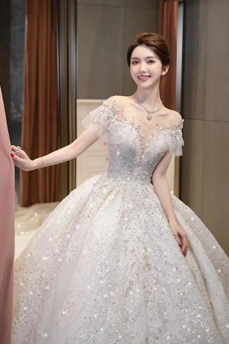Elegant Off-shoulder Sparkling Beaded Wedding Gown