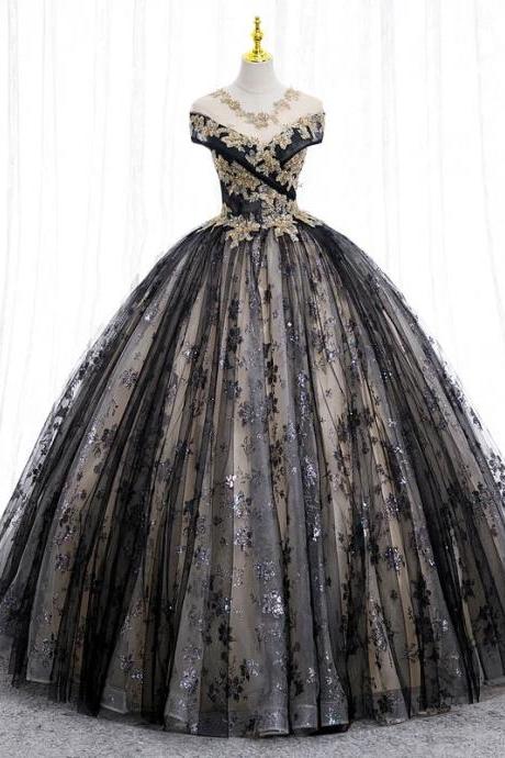 Elegant Off-shoulder Black Tulle Ball Gown With Appliqué