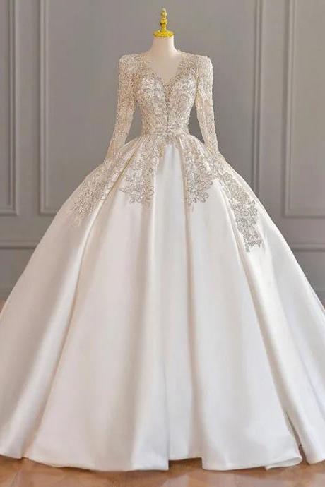 Elegant Long Sleeve V-neck Embellished Satin Wedding Gown