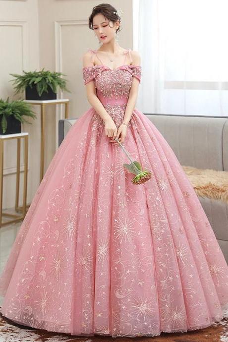 Elegant Off-shoulder Pink Ball Gown With Beaded Bodice