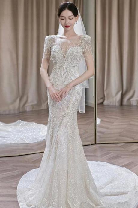 Elegant Sequined Lace Mermaid Bridal Gown With Train