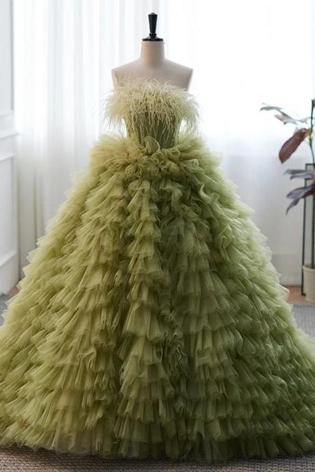 Luxury Layered Tulle Olive Bridal Ball Gown Dress