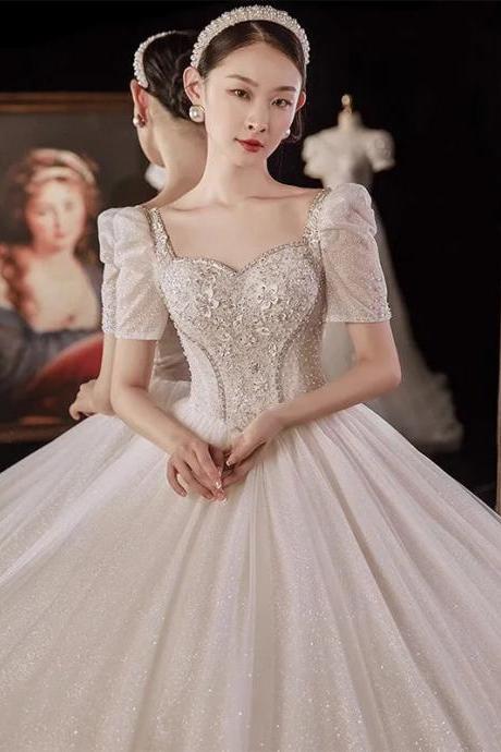 Elegant Beaded Bodice Puff Sleeve Bridal Ballgown