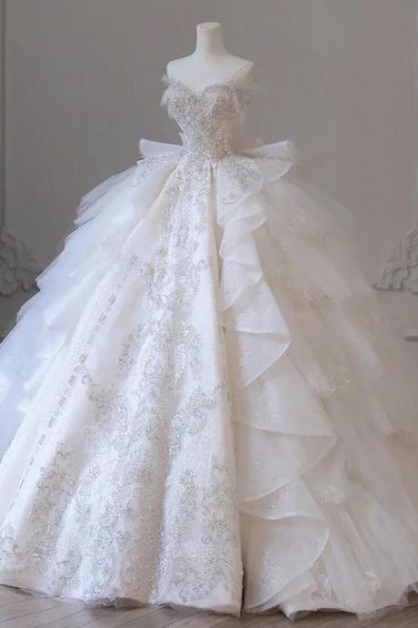 Luxury Layered Lace Wedding Gown With Train